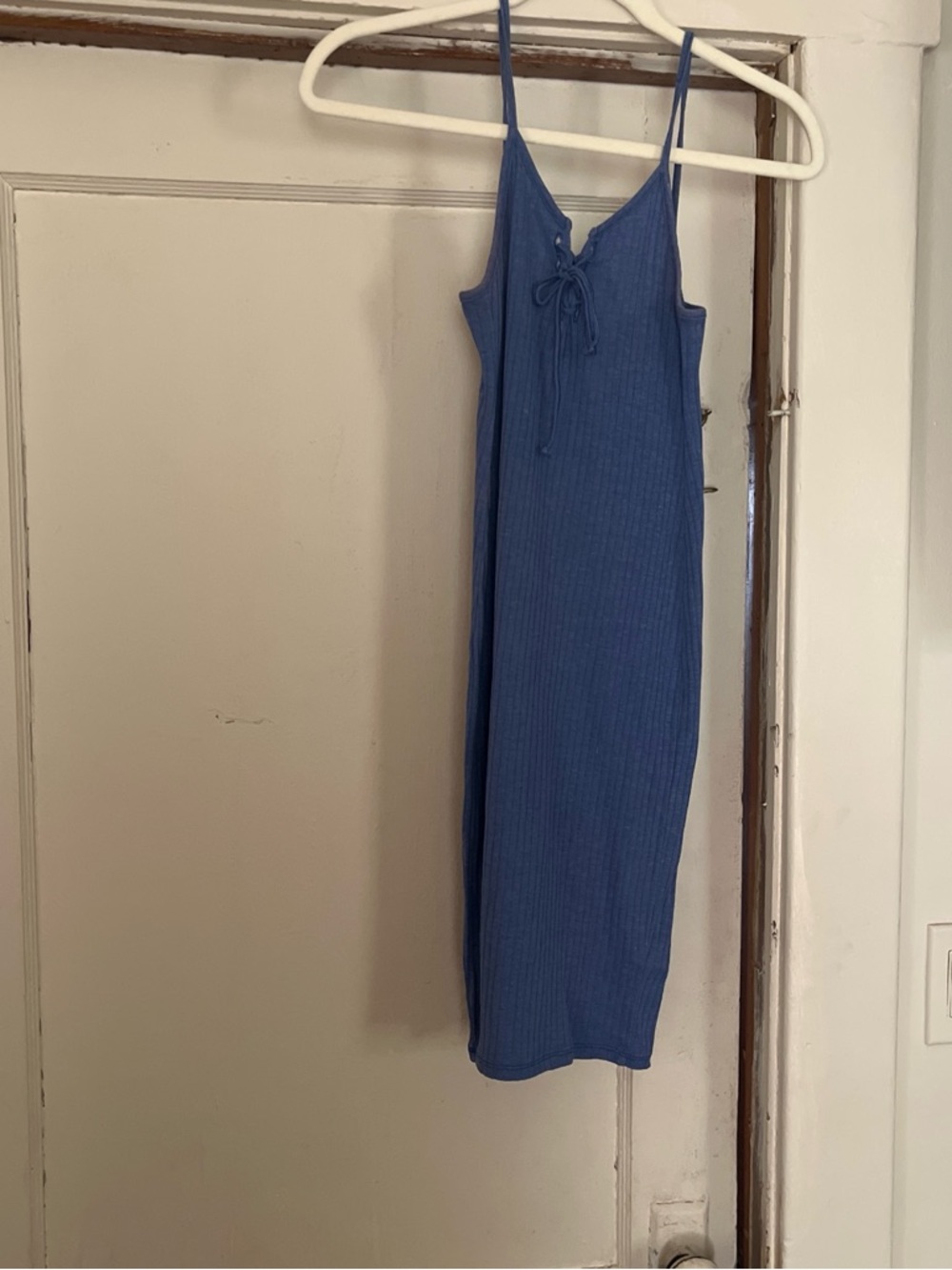 Topshop Cornflower Blue Ribbed Midi Slip Dress with Tie Detail